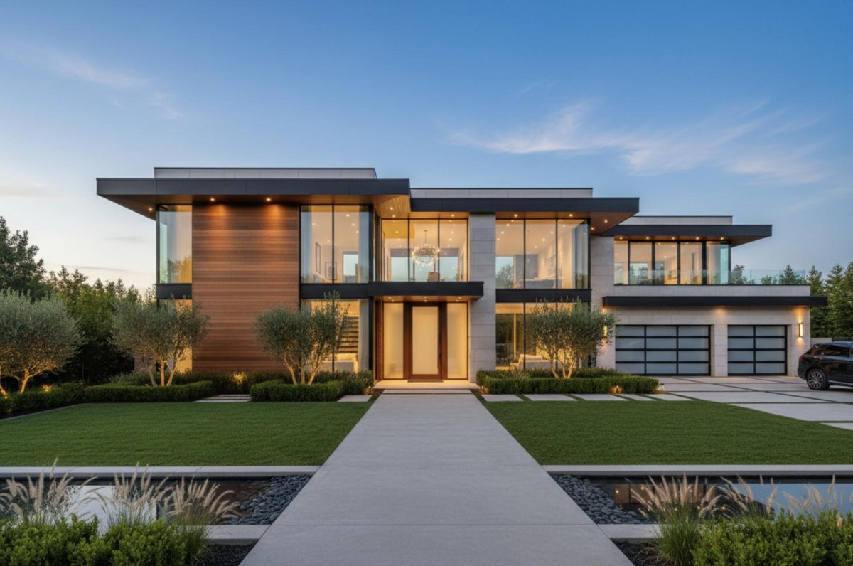 A contemporary two-story home at dusk with timber cladding, large glass windows glowing with warm light, olive trees and a concrete walkway across a lawn.