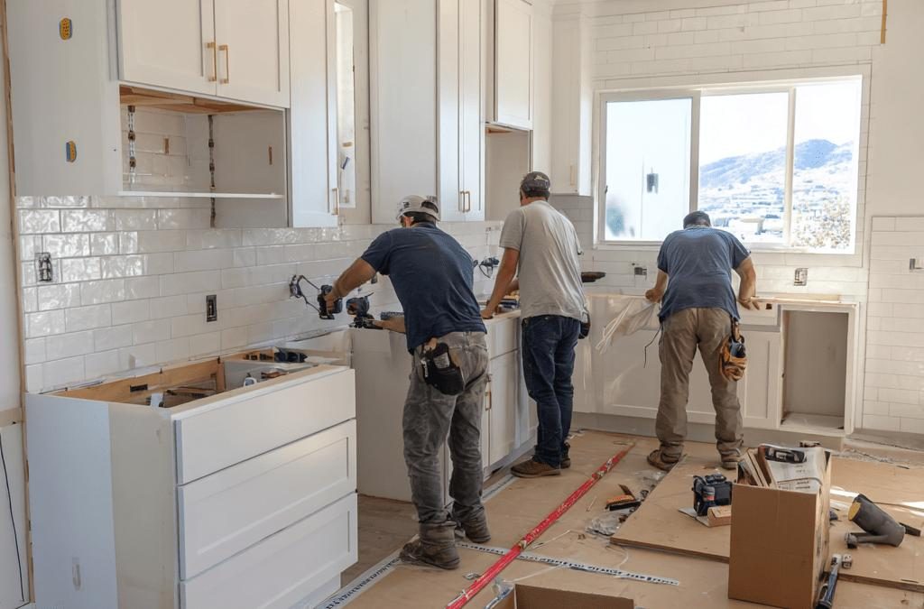 three workers installing white shaker-style kitchen cabinets against a subway-tile wall, with a window view of hills.